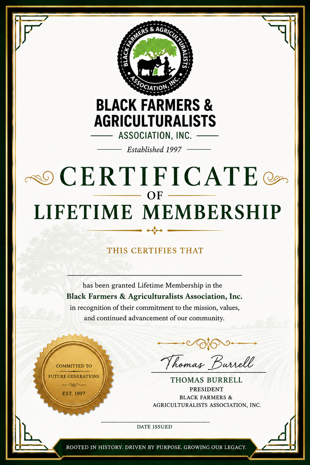 Official BFAA Certificate of Lifetime Membership, portrait format, signed by President Thomas Burrell