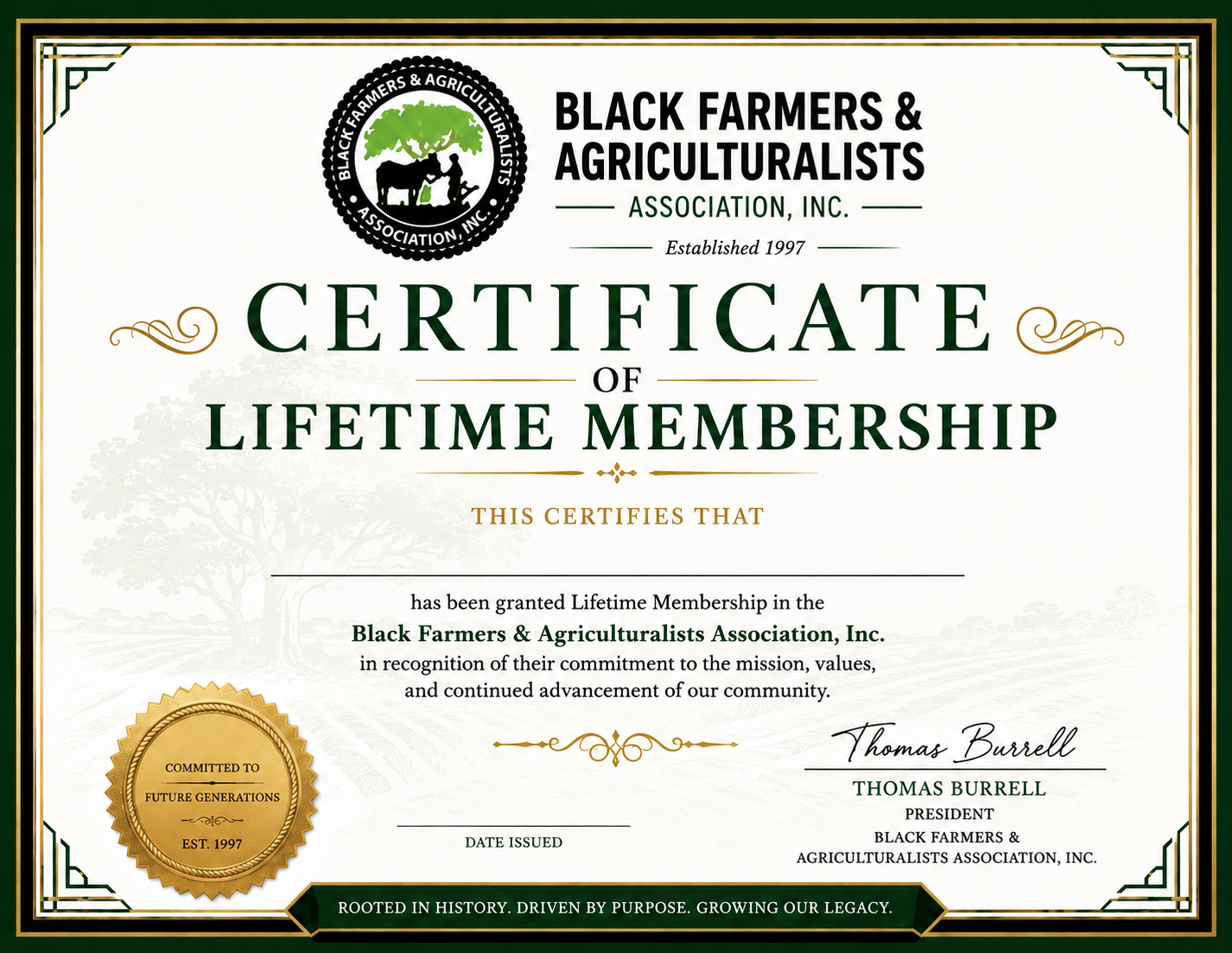 Official BFAA Certificate of Lifetime Membership, landscape format, signed by President Thomas Burrell