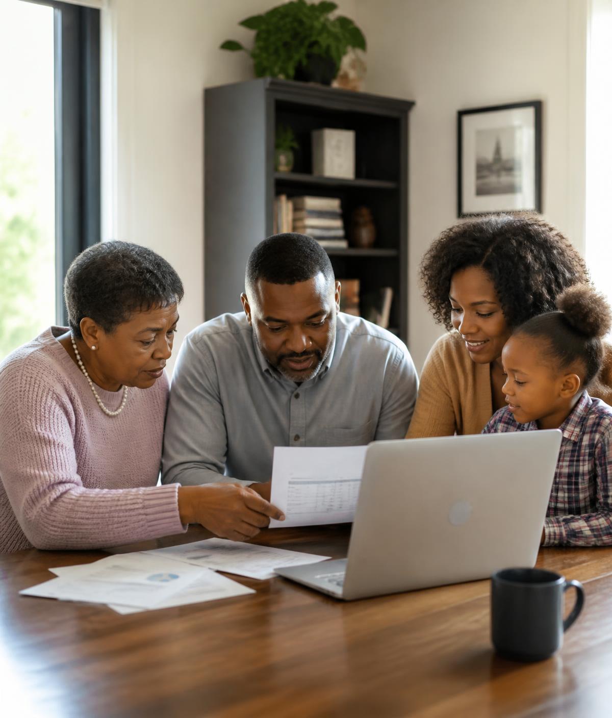 Three generations of a Black family reviewing business and financial documents together at a table with a laptop