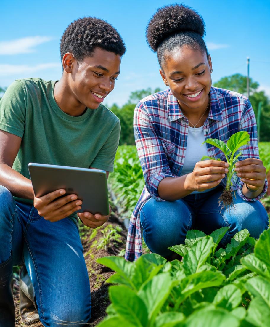 Two Black teenagers studying a young crop plant together on a bright morning