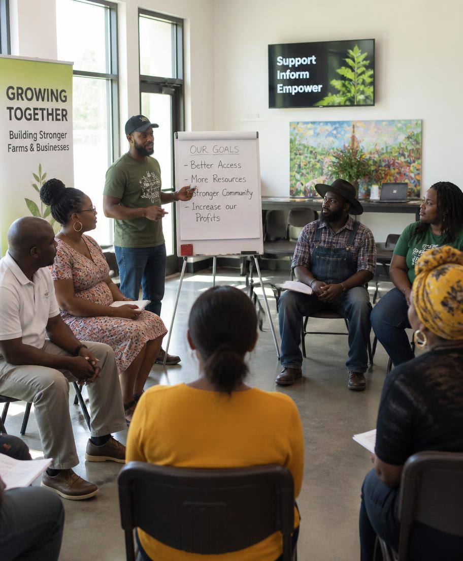 A group of Black farmers and business owners in a bright meeting room during a group education session